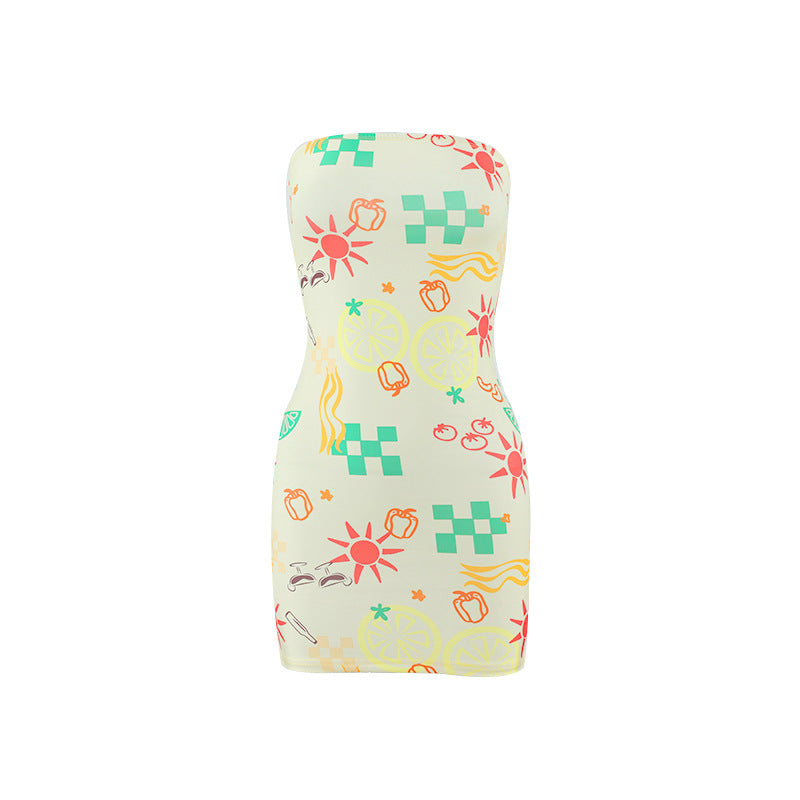 Sexy Women Clothing Tube Top Multi-color Printing Slim-fit Sheath Short Dress in Color Three