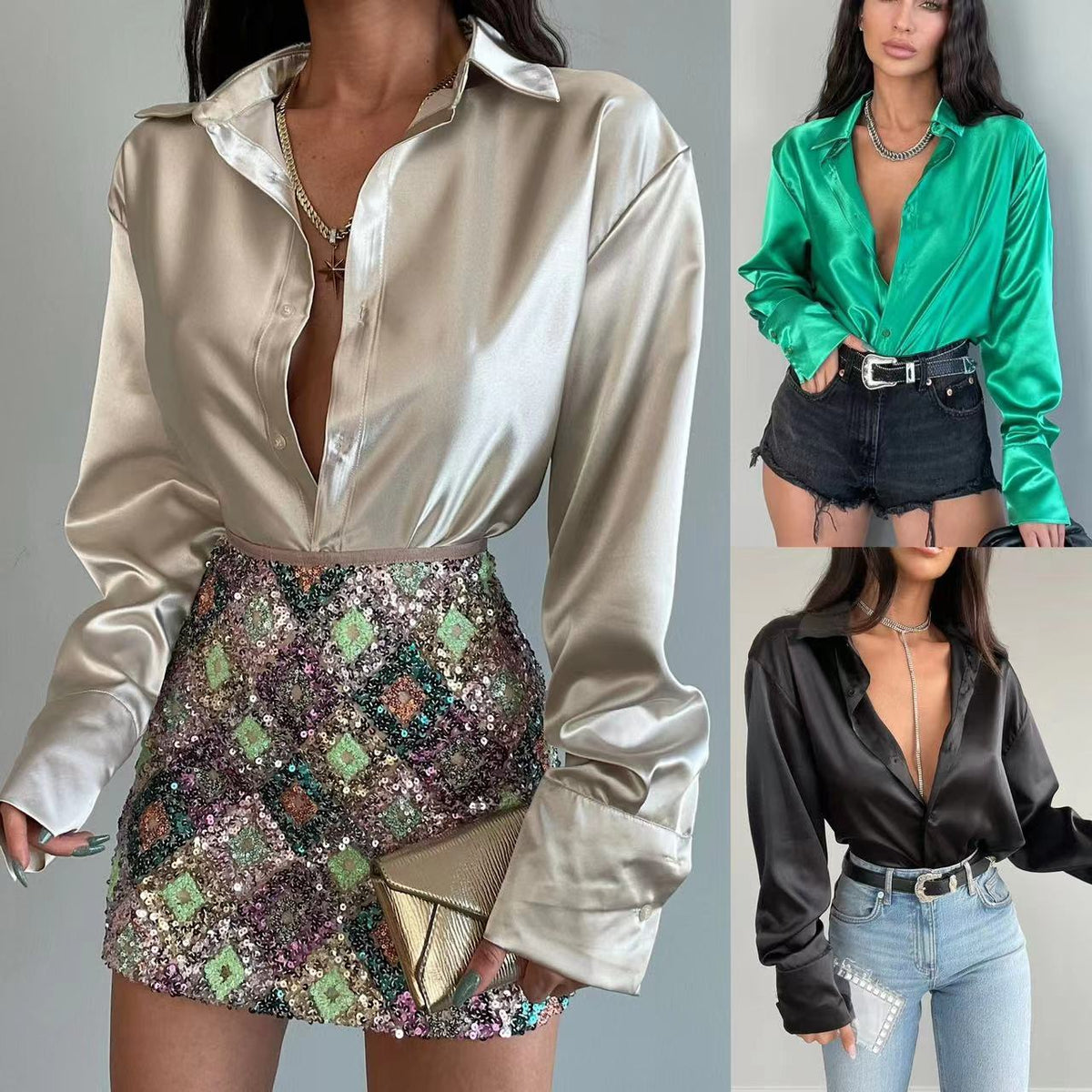 Single-breasted Long Sleeve Lapel Shirt Sexy Women Clothing in Black