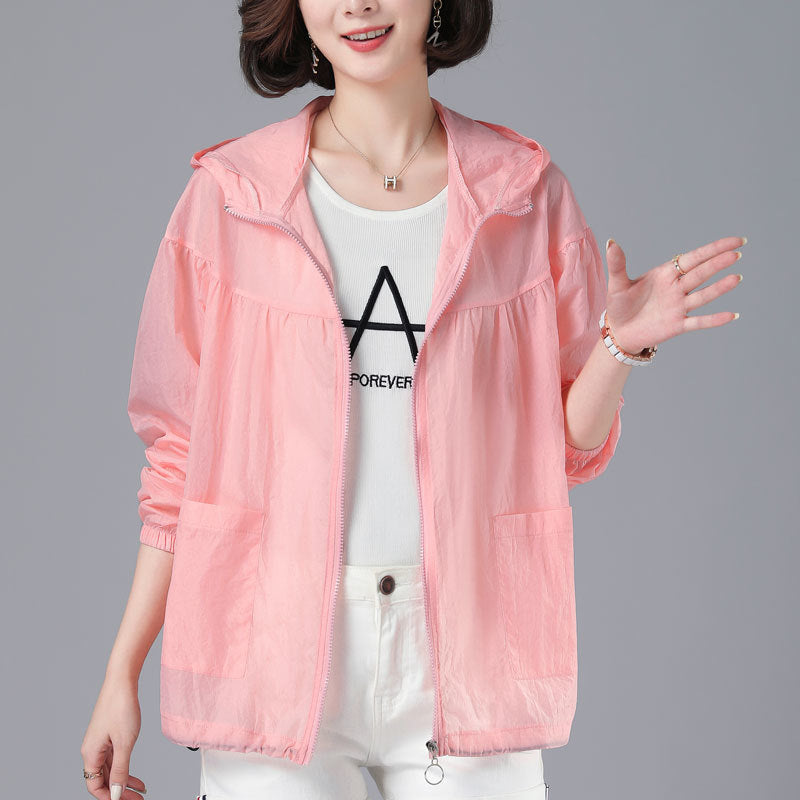 Spring New Loose Blouson Sun Protection Clothing for Women in Brick Red