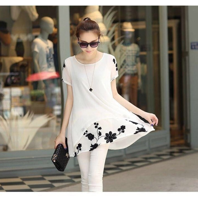 Summer Clothing New Short Sleeve Women's Embroidered Chiffon Shirt Plump Girls' Plus Size Women in Black