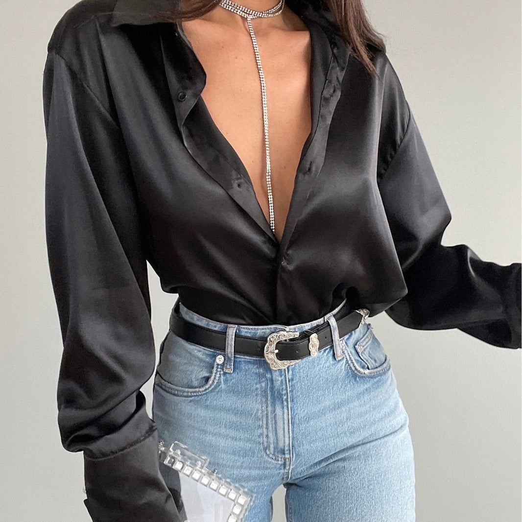Single-breasted Long Sleeve Lapel Shirt Sexy Women Clothing in Black