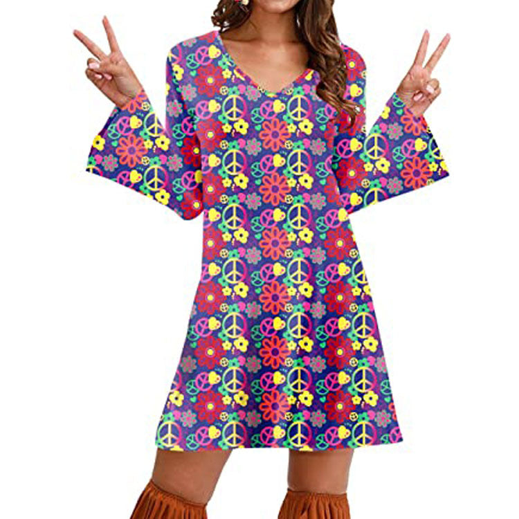 Hippie Clothing Print Dress Women in Brown