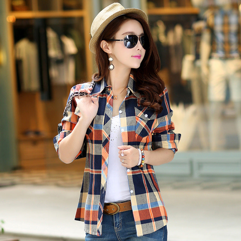 Plaid Women's Autumn Clothing Slim Women Loose Cotton Long Sleeve Shirt in Green Blue Yellow 88666