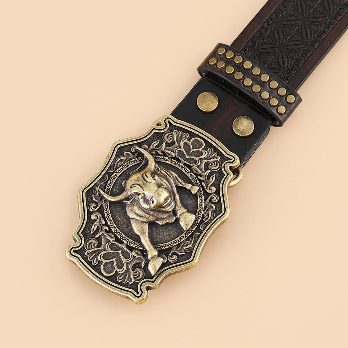 Women's Retro Embossing Rivet Bullhead Big Plate Buckle Belt in Coffee Color