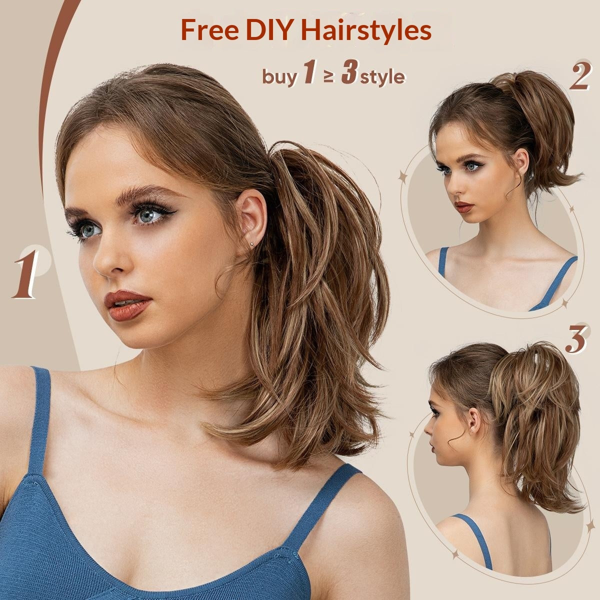 High-temperature Synthetic Hair Wig Clip-on Ponytail Women's Short Style Voluminous Small Curls in 1B