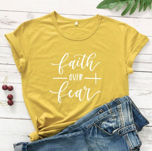 Faith Over Fear Christian T-shirt Religion Clothing for Women Shirt in Gray