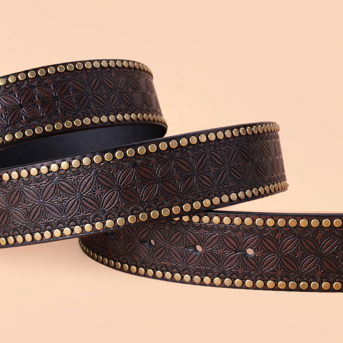 Women's Retro Embossing Rivet Bullhead Big Plate Buckle Belt in Coffee Color