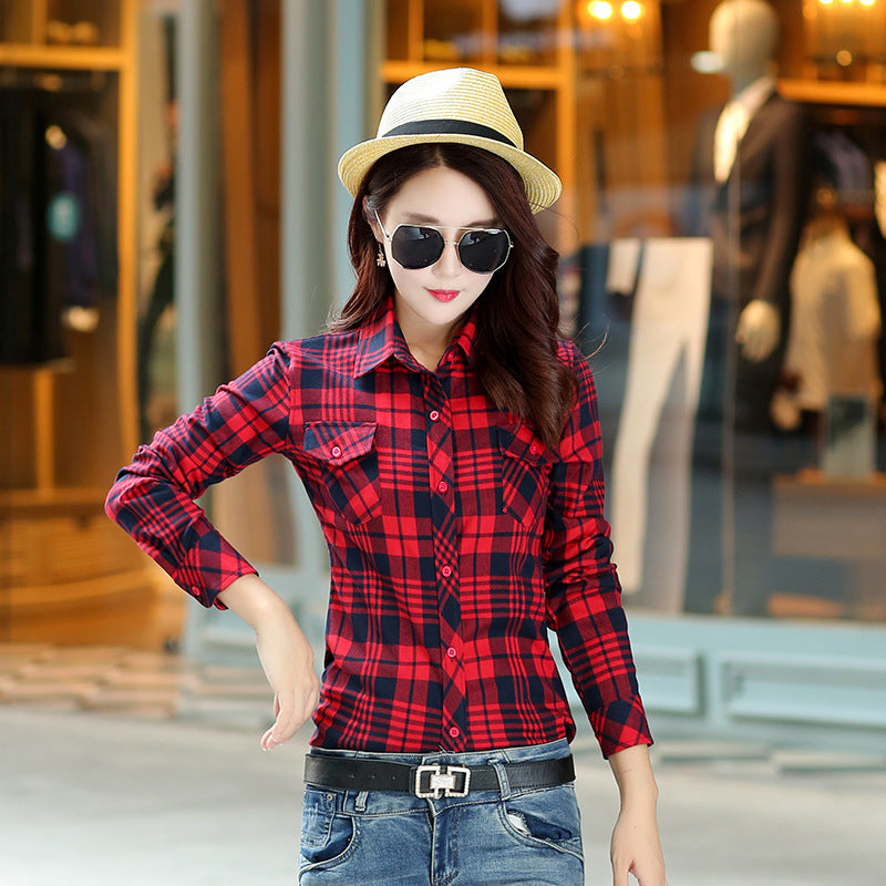 Plaid Women's Autumn Clothing Slim Women Loose Cotton Long Sleeve Shirt in 88661 Red Blue
