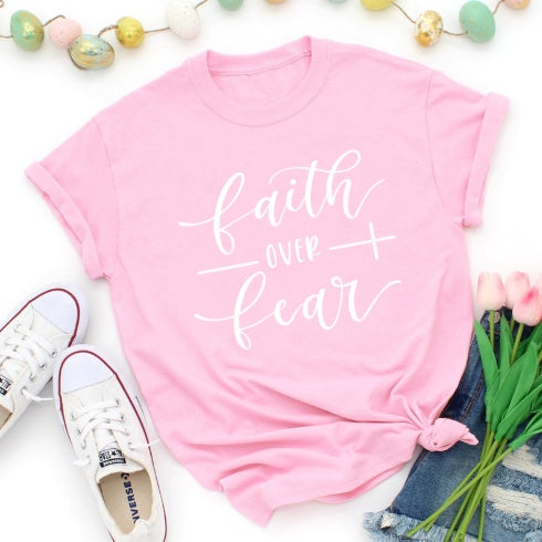 Faith Over Fear Christian T-shirt Religion Clothing for Women Shirt in Peach