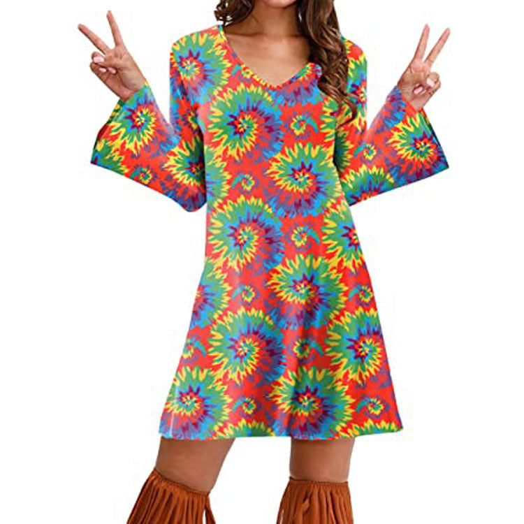 Hippie Clothing Print Dress Women in Brown