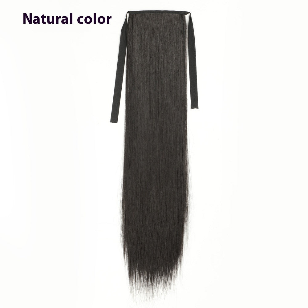 Lace-up Fashion Soft Wig Ponytail Realistic Matte Silk Long Straight Hair in Natural Black