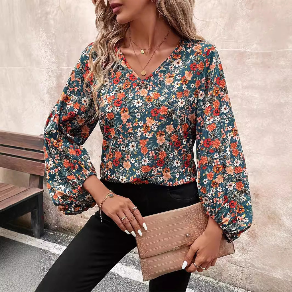 Women's V-neck Long Sleeve Shirt Autumn Women Clothing Casual in Color