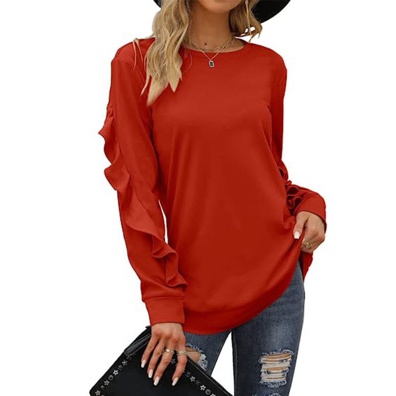 Women's Clothing Casual Round Neck Sweater Pleated Long Sleeve Top for Women in Red