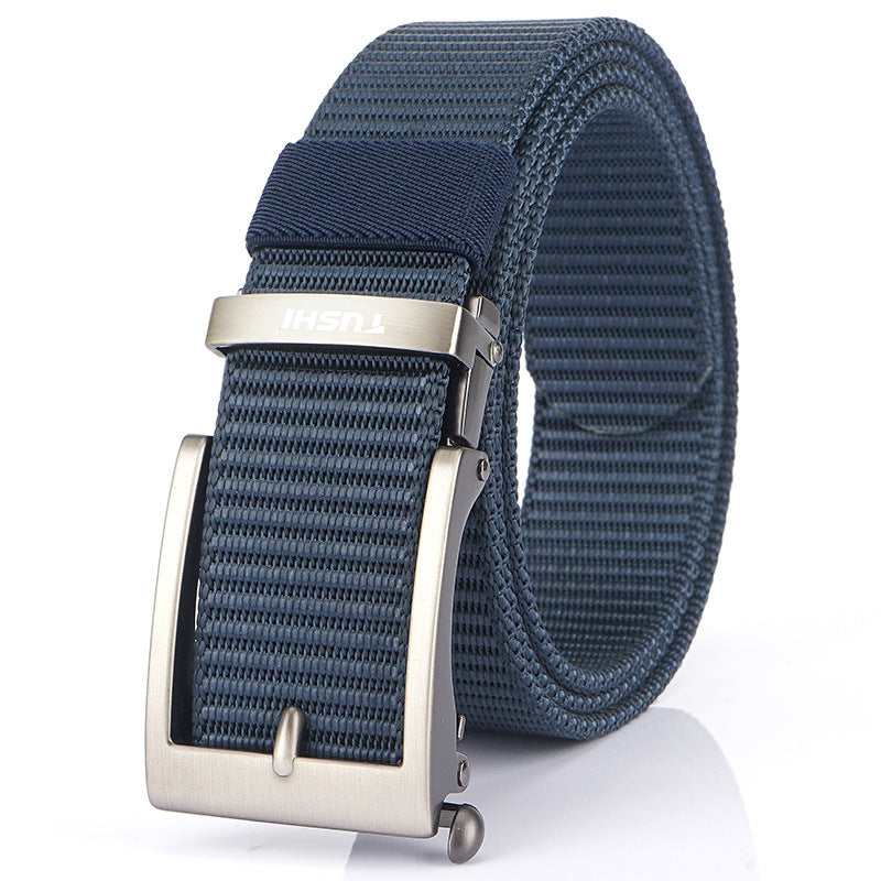 Men's Casual Fashion Automatic Buckle Canvas Belt in Silver Buckle Dark Gray