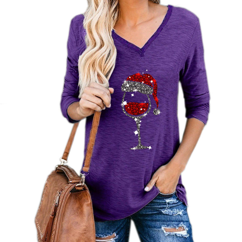 Christmas Wine Glass Print Plus Size Women Clothing in Green