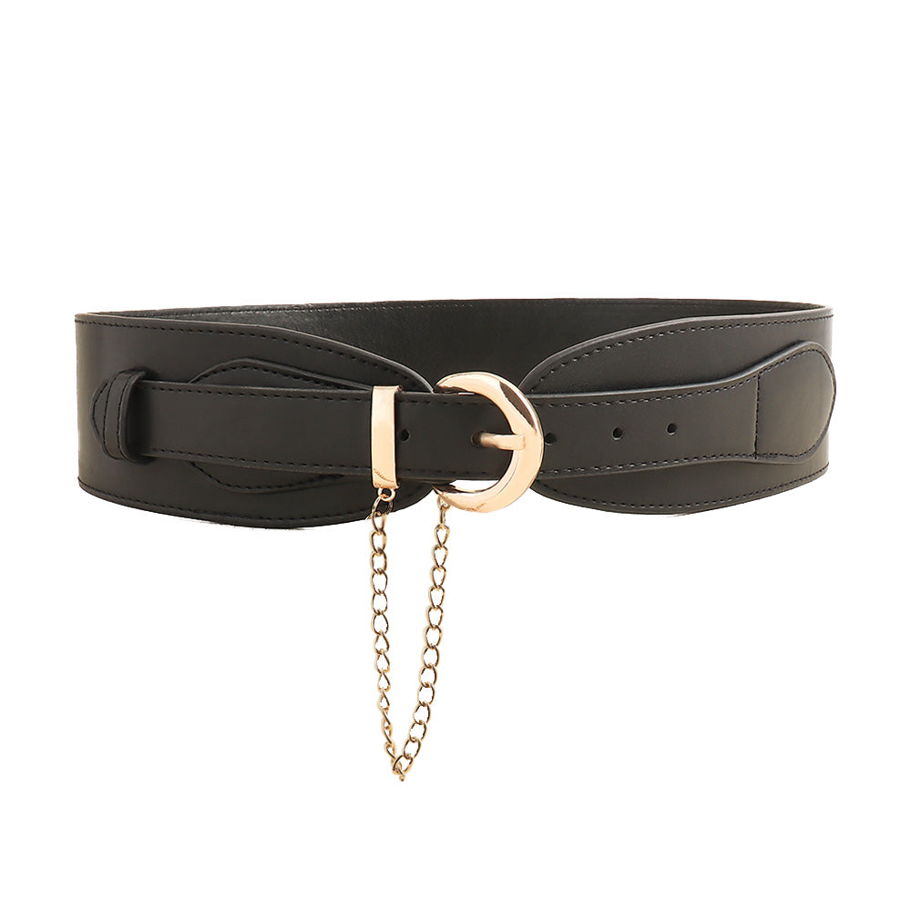 Vintage Women's Belt Black High-grade Metal Chain Pin Buckle Dress Shirt Simple Restraint Waist Wide Seal