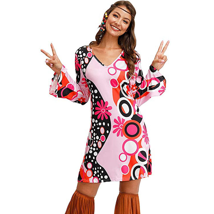 Hippie Clothing Print Dress Women in Pink