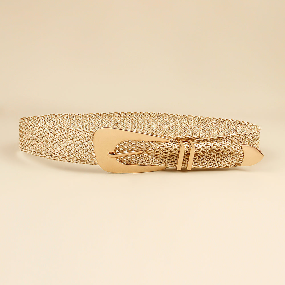 Summer New Ladies Belt Pp Grass Gold Hand-woven with Irregular Metal Buckle Waist Seal in Gold