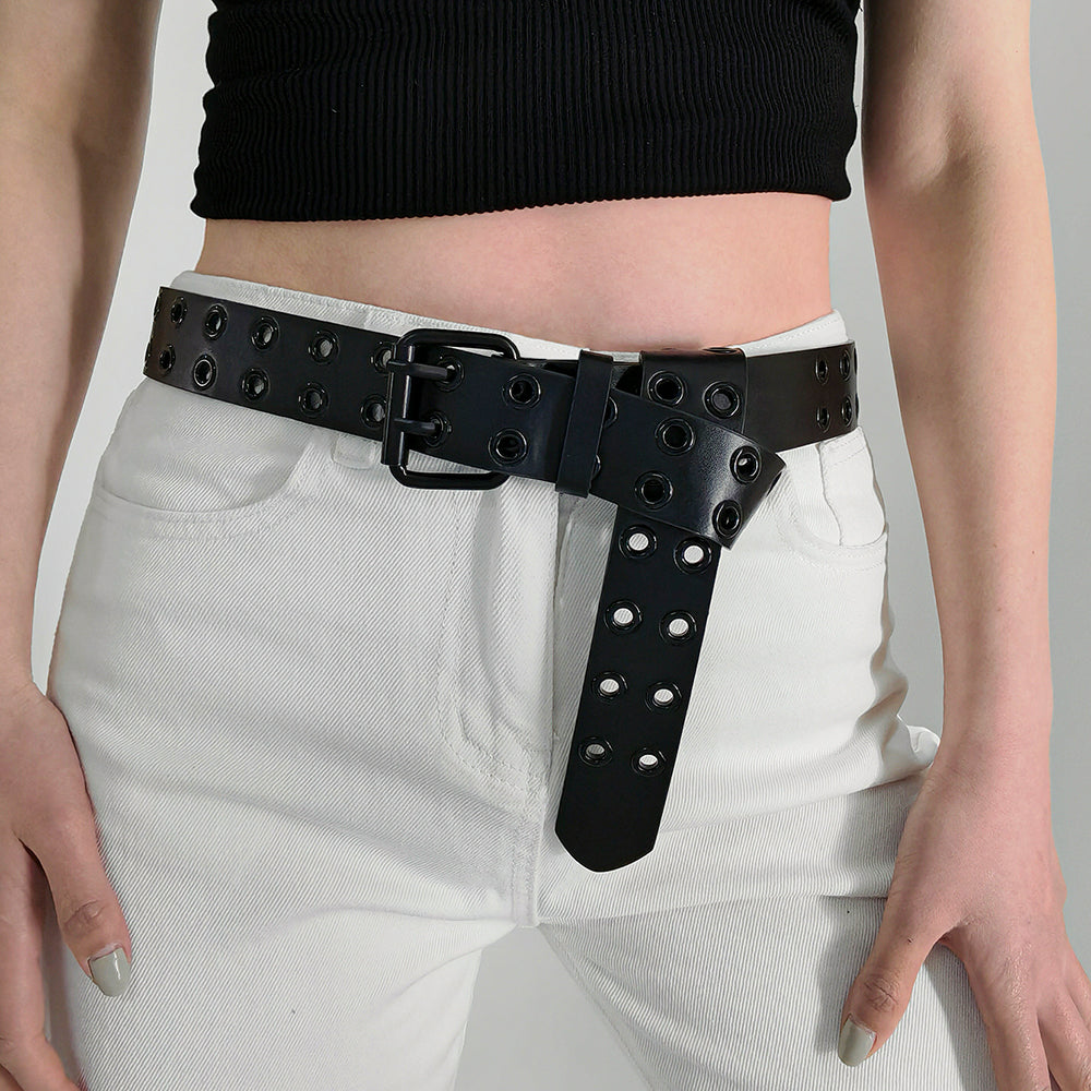 Men's and Women's Double-buckle Cutout Hip Hop Trend Metal Punk Belts in BLACK