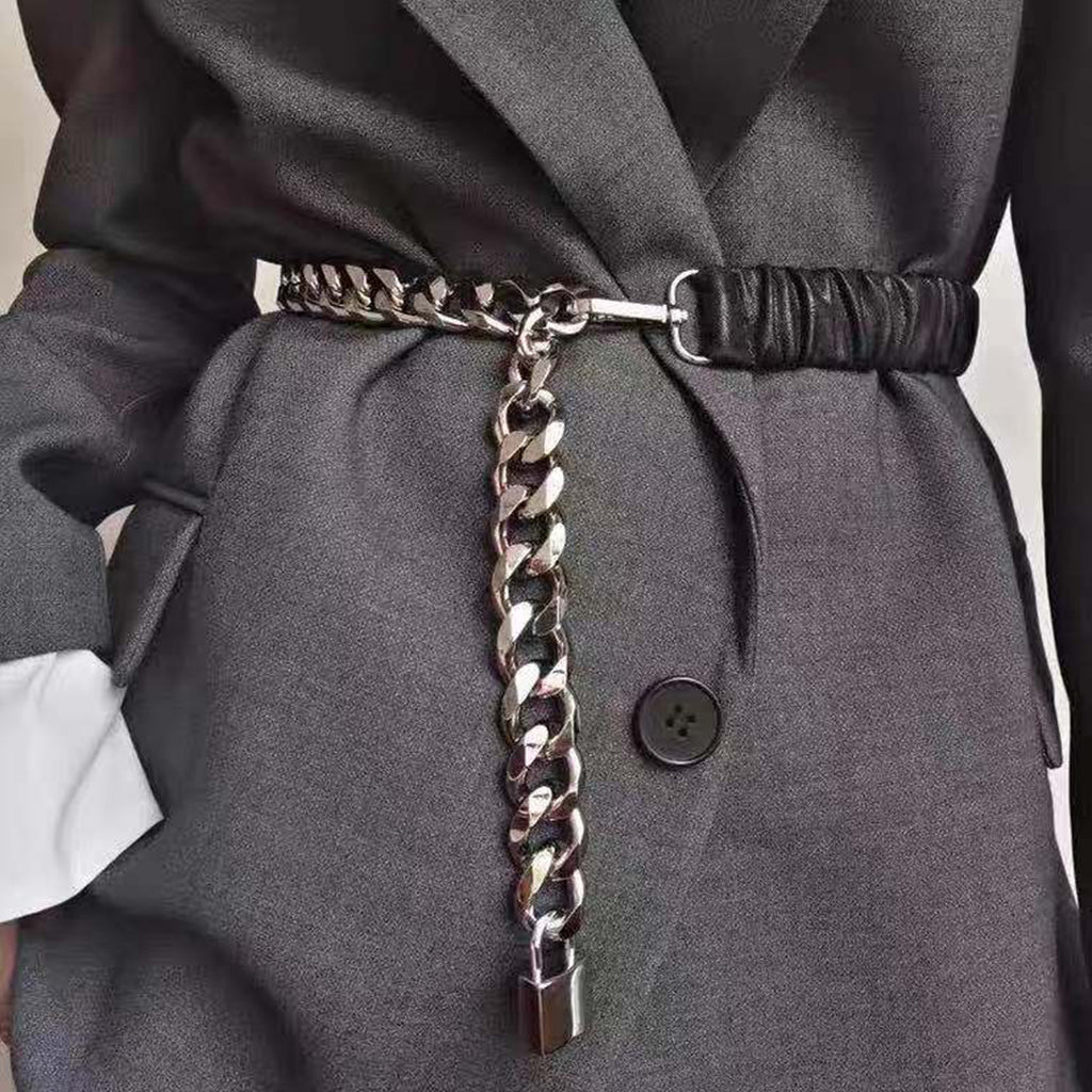 Fashionable New Lock Head Belt Female Chain Splicing Elastic Waist with Skirt Seal Versatile Metal Tide in Black