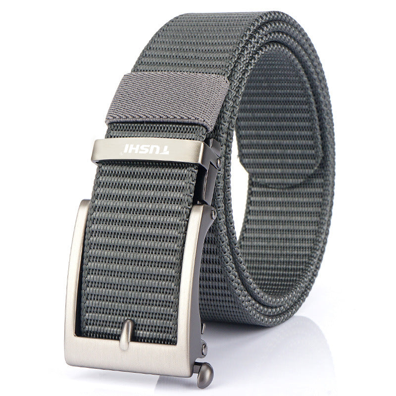 Men's Casual Fashion Automatic Buckle Canvas Belt in Silver Buckle Brown