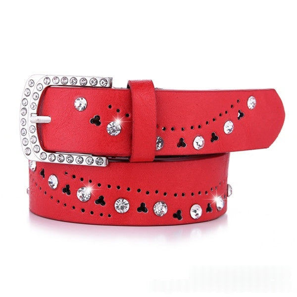 New Women's Belt A Rhinestone-embellished Fashionable Korean-style Hollowed-out Design in Red 1style
