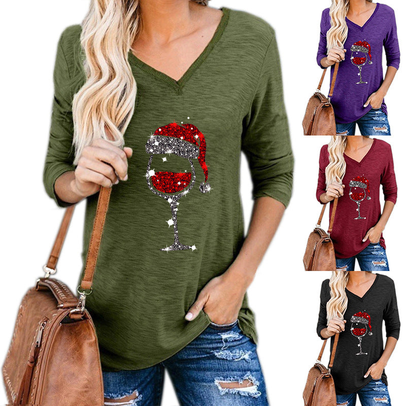 Christmas Wine Glass Print Plus Size Women Clothing in Green
