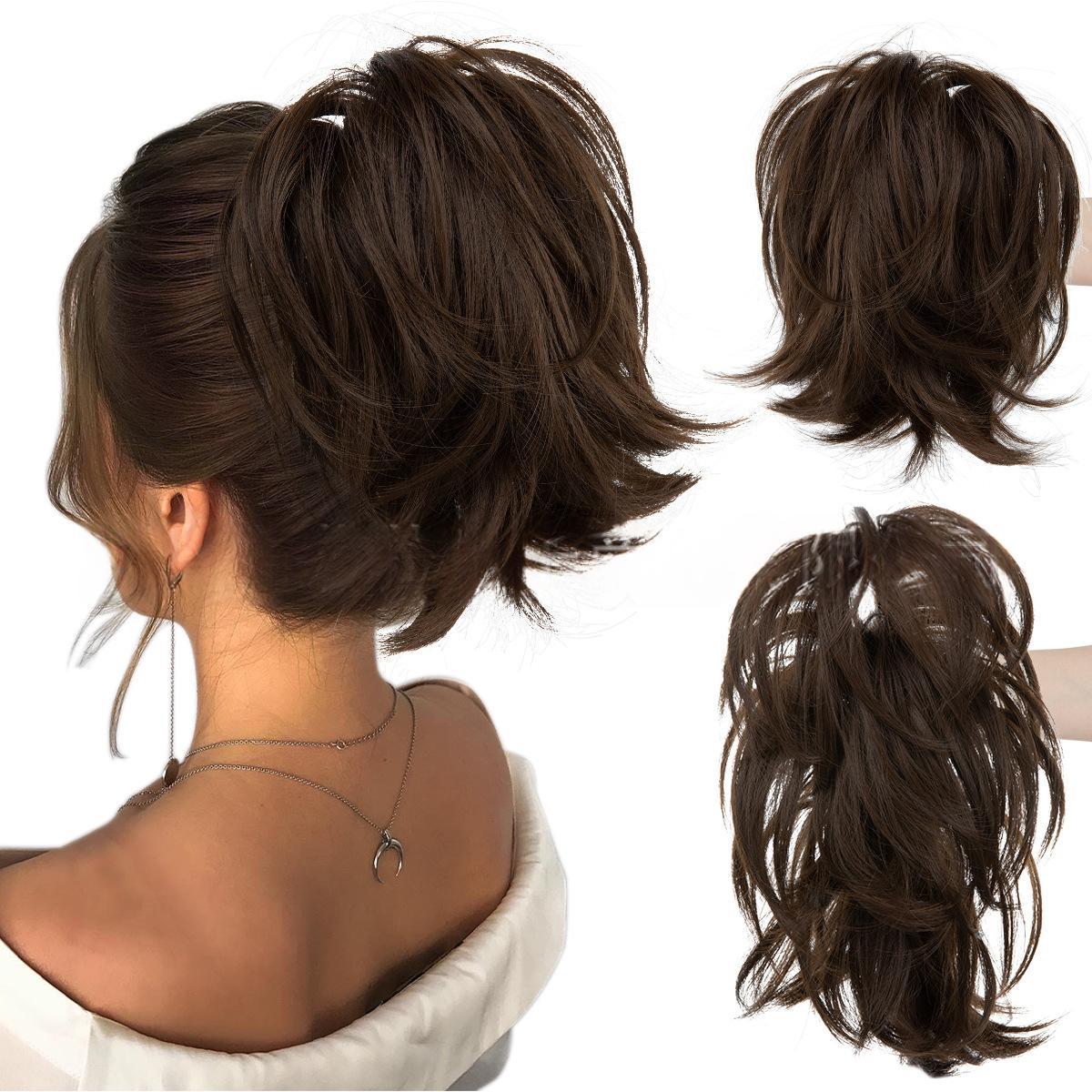 High-temperature Synthetic Hair Wig Clip-on Ponytail Women's Short Style Voluminous Small Curls in 12H24