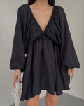 V-neck Lantern Sleeve Dress Fashion Loose Long-sleeved Dresses for Women Clothing in Apricot