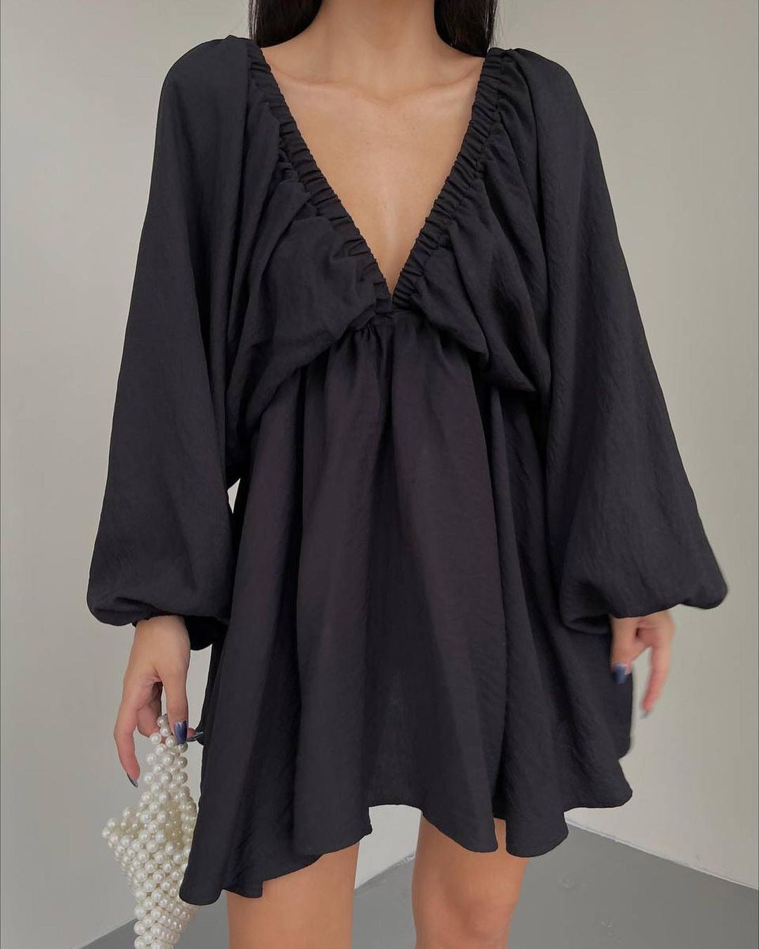 V-neck Lantern Sleeve Dress Fashion Loose Long-sleeved Dresses for Women Clothing in Apricot