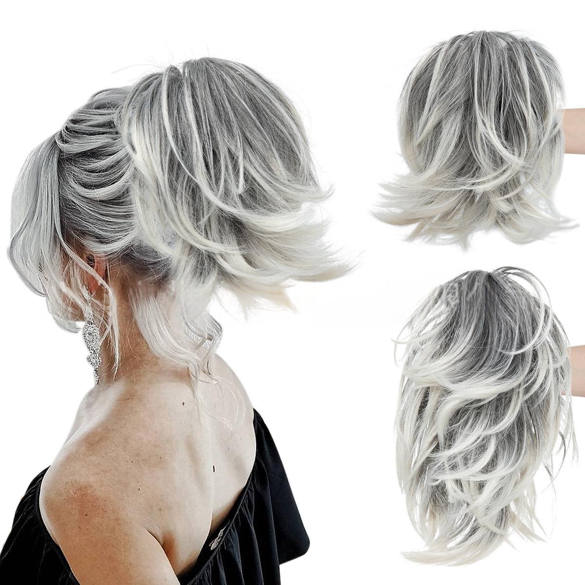 High-temperature Synthetic Hair Wig Clip-on Ponytail Women's Short Style Voluminous Small Curls in 4Style