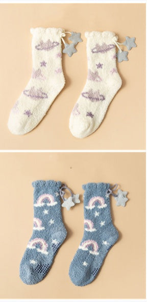 Winter Thick Women's Socks Japanese Sweet Girl Coral Fleece in Peach Magic Bear