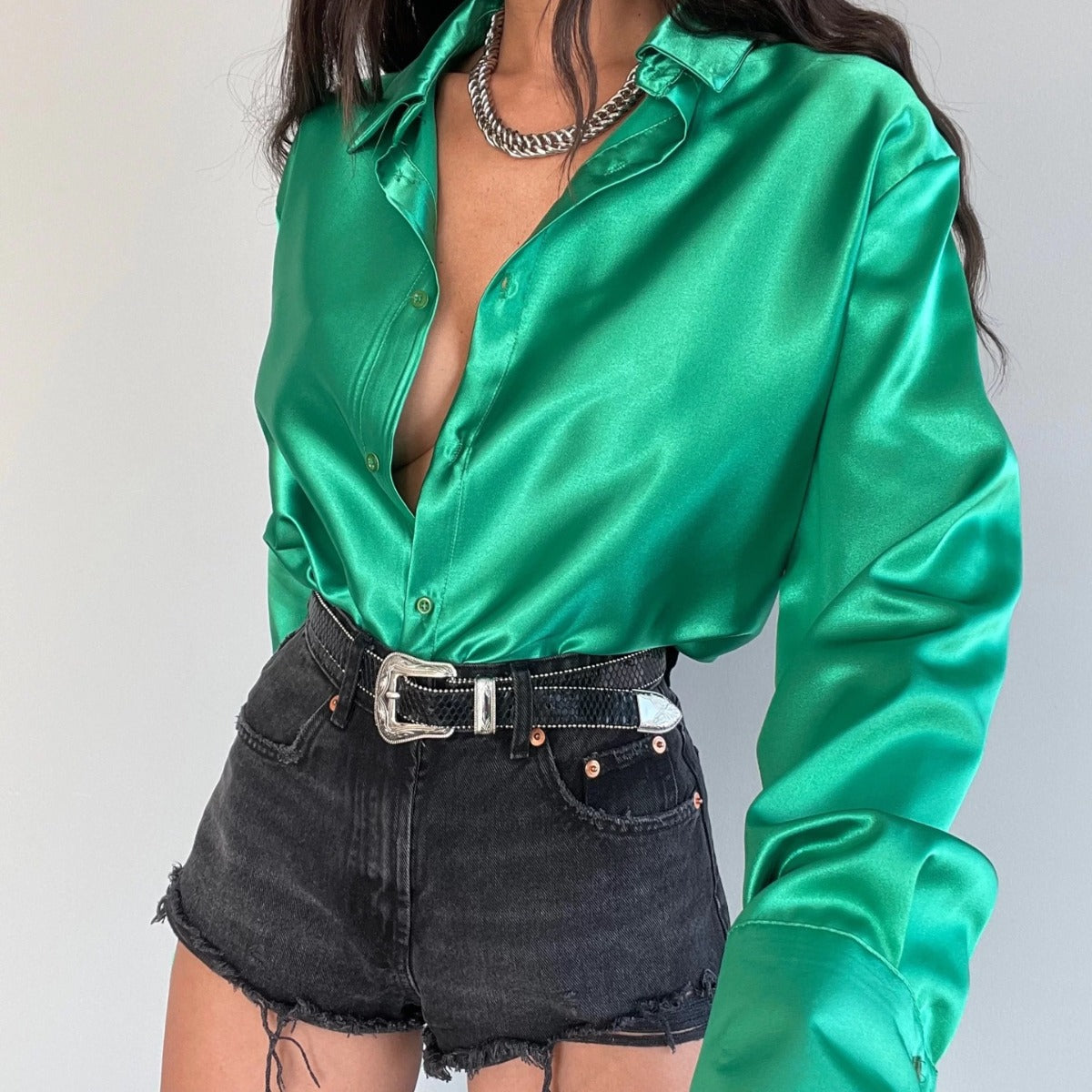 Single-breasted Long Sleeve Lapel Shirt Sexy Women Clothing in Black
