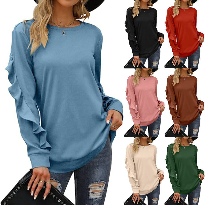 Women's Clothing Casual Round Neck Sweater Pleated Long Sleeve Top for Women in Red