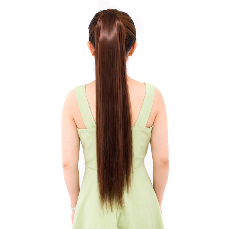 Lace-up Fashion Soft Wig Ponytail Realistic Matte Silk Long Straight Hair in Brown Black
