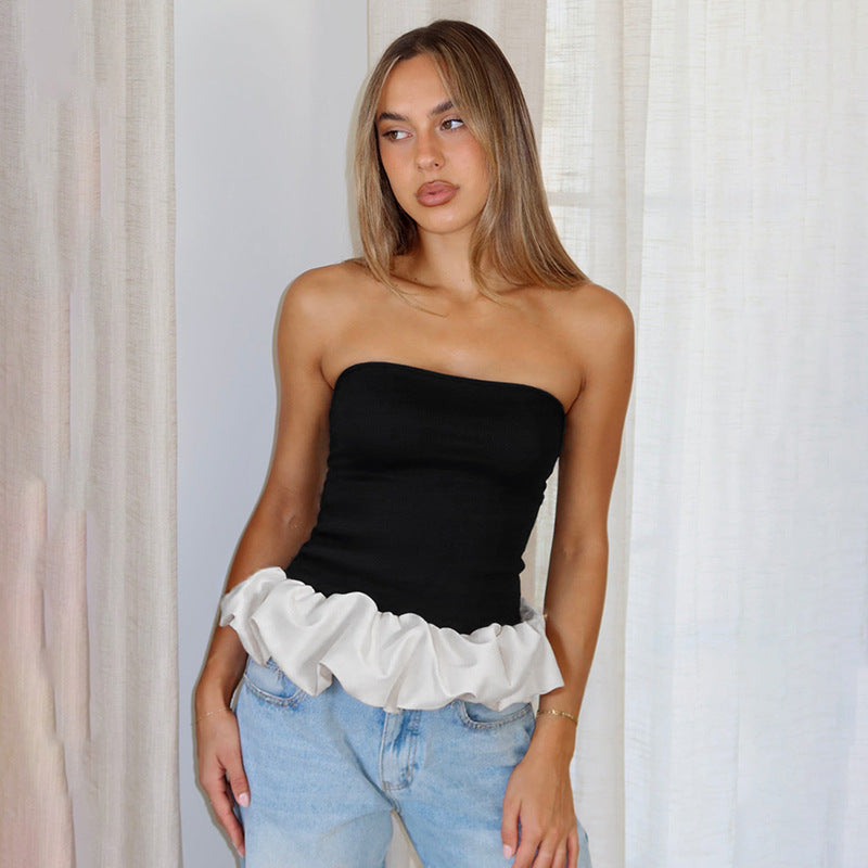 Contrast Color Bandeau Slim-fit Patchwork Ruffled Sexy Women Clothing Top in Black