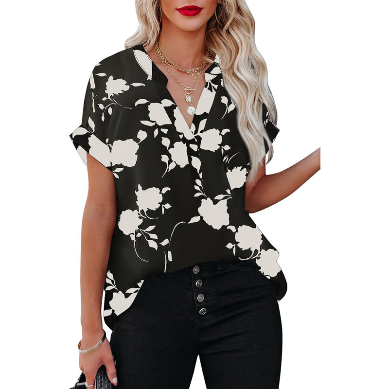 Summer Women's Clothing New Floral Print Short Sleeve Shirt for Women in White