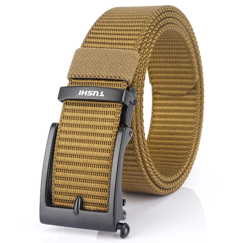 Men's Casual Fashion Automatic Buckle Canvas Belt in Black Buttons Brown