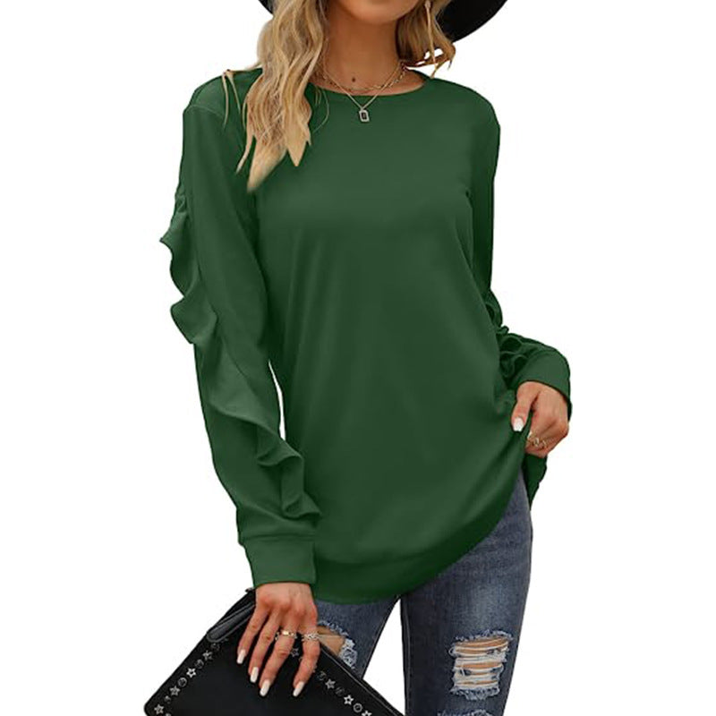 Women's Clothing Casual Round Neck Sweater Pleated Long Sleeve Top for Women in Pink