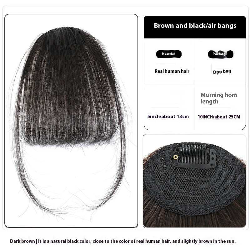 Women's Air Natural Forehead Invisible Seamless Hair-free Seam Full Real Bangs Wig Set in Air Gray Gold