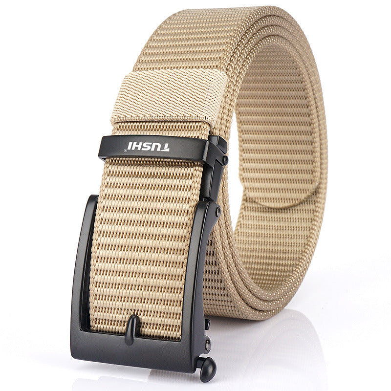 Men's Casual Fashion Automatic Buckle Canvas Belt in Black Buttons Khaki