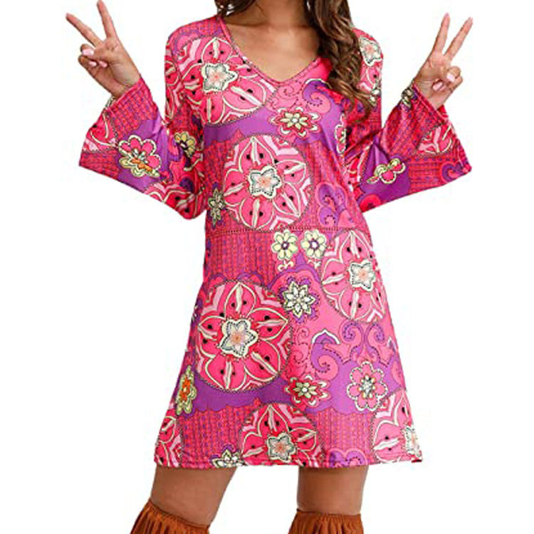 Hippie Clothing Print Dress Women in Brown