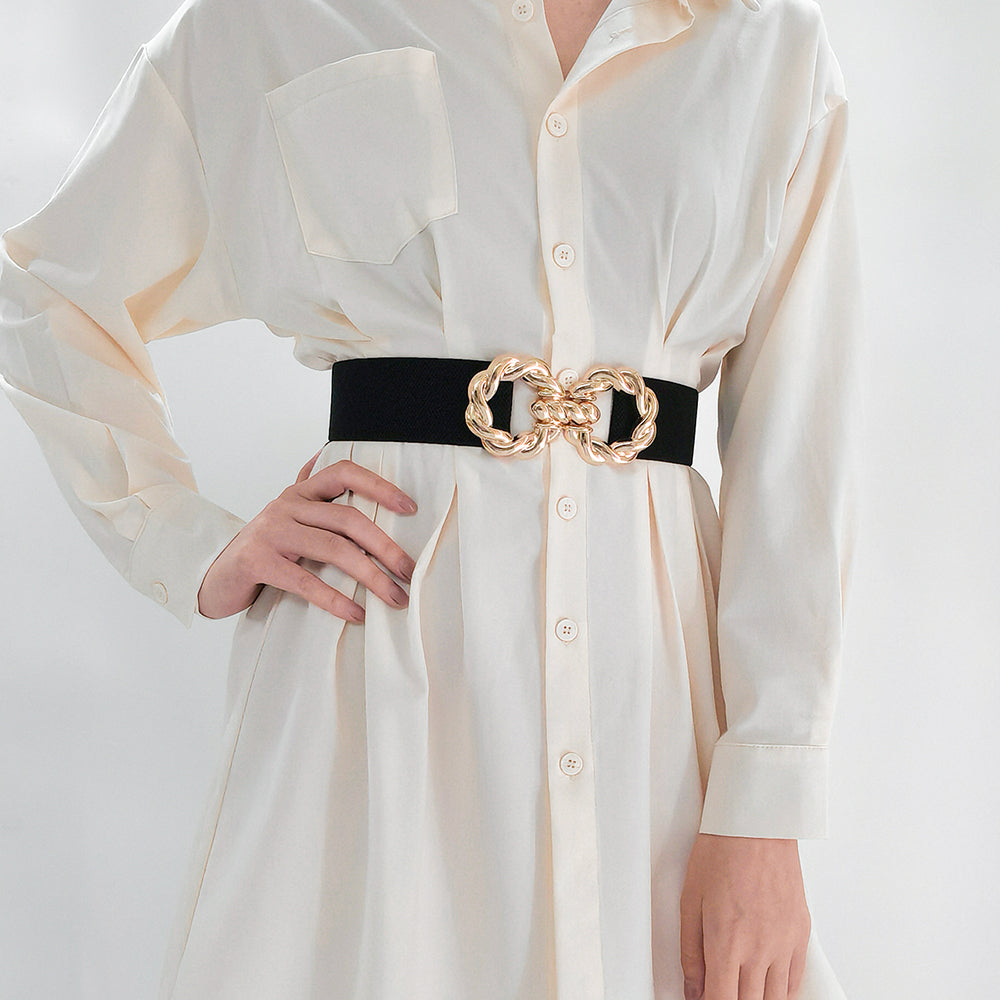 Women's Decoration Wide Simple Waist Round Metal Button-down Belt Matching Dress Son Suit Jacket Retraction Elastic Seal in BLACK