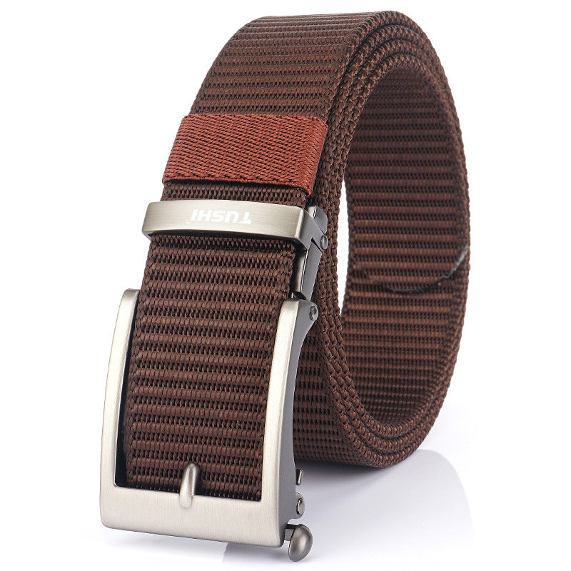 Men's Casual Fashion Automatic Buckle Canvas Belt in Silver Buckle Khaki