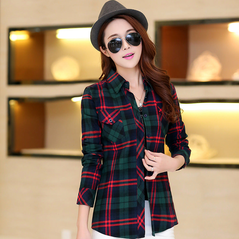 Plaid Women's Autumn Clothing Slim Women Loose Cotton Long Sleeve Shirt in Green Blue Yellow 88666