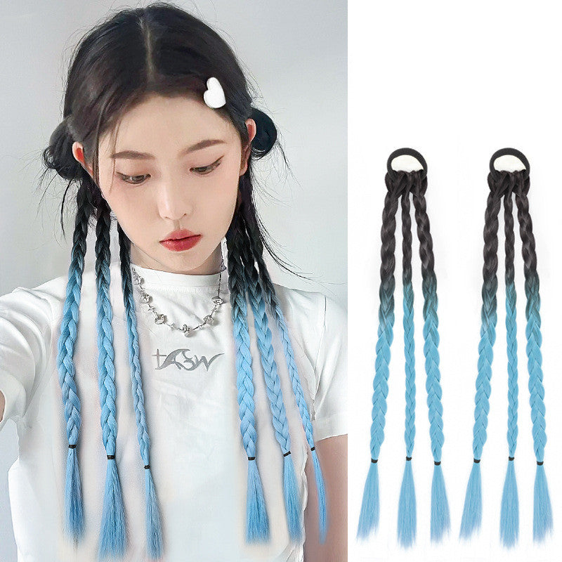 Women's Ponytail Sweet and Cool Hair Ring Wig Boxing Braids in Gradient white tea grey pair