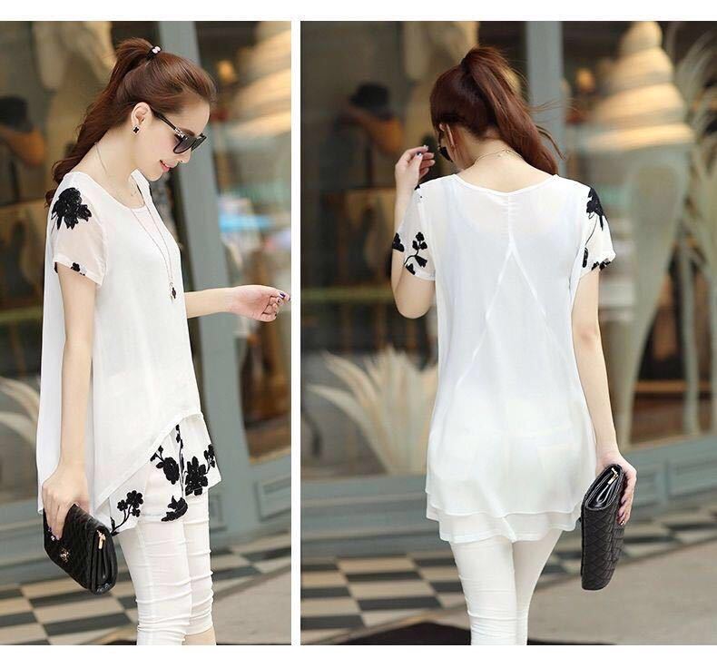Summer Clothing New Short Sleeve Women's Embroidered Chiffon Shirt Plump Girls' Plus Size Women in White