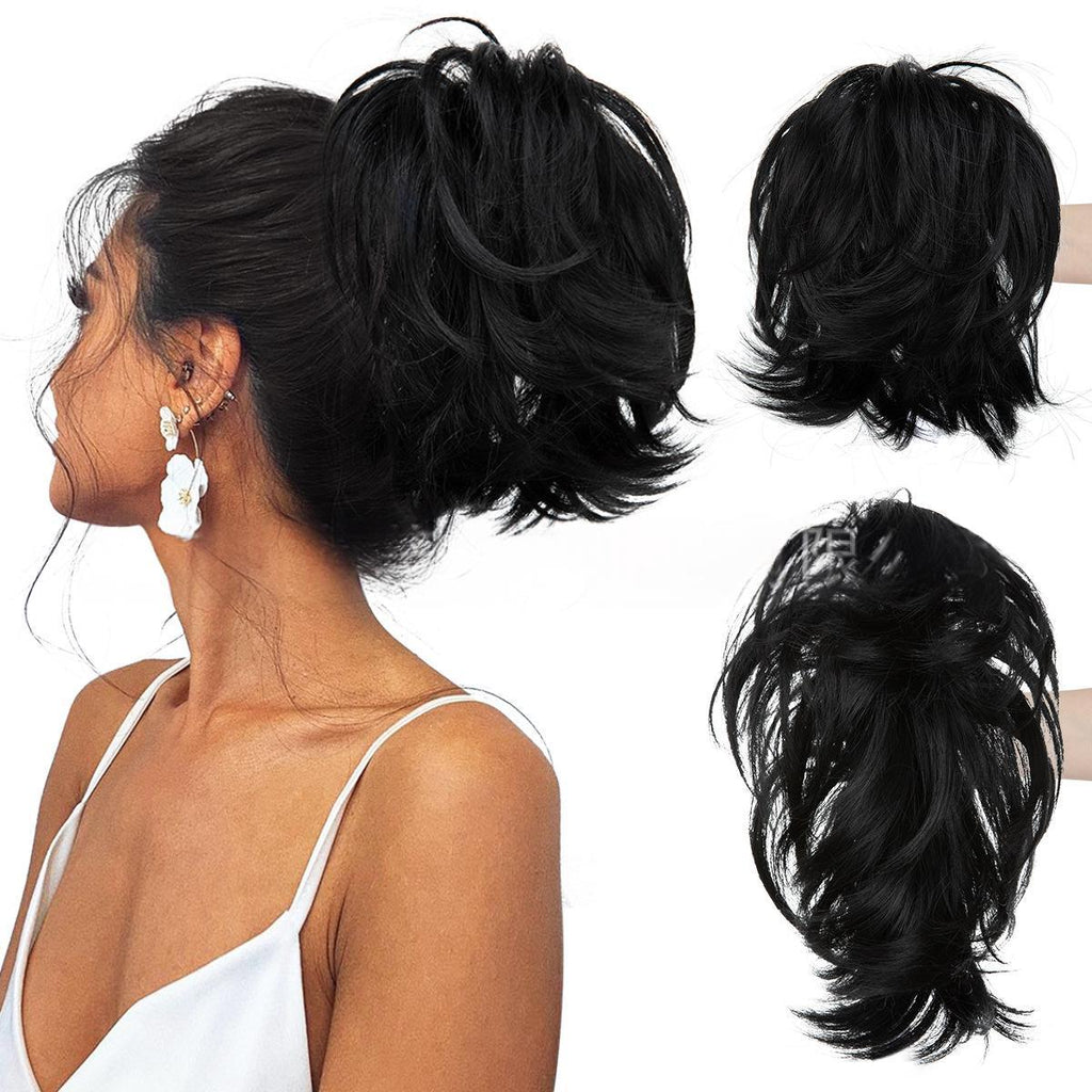 High-temperature Synthetic Hair Wig Clip-on Ponytail Women's Short Style Voluminous Small Curls in 1BT118