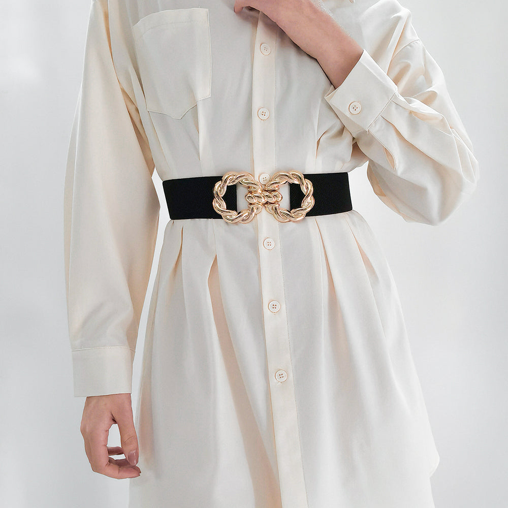 Women's Decoration Wide Simple Waist Round Metal Button-down Belt Matching Dress Son Suit Jacket Retraction Elastic Seal in RED