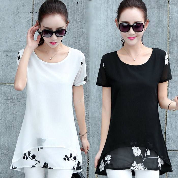 Summer Clothing New Short Sleeve Women's Embroidered Chiffon Shirt Plump Girls' Plus Size Women in White